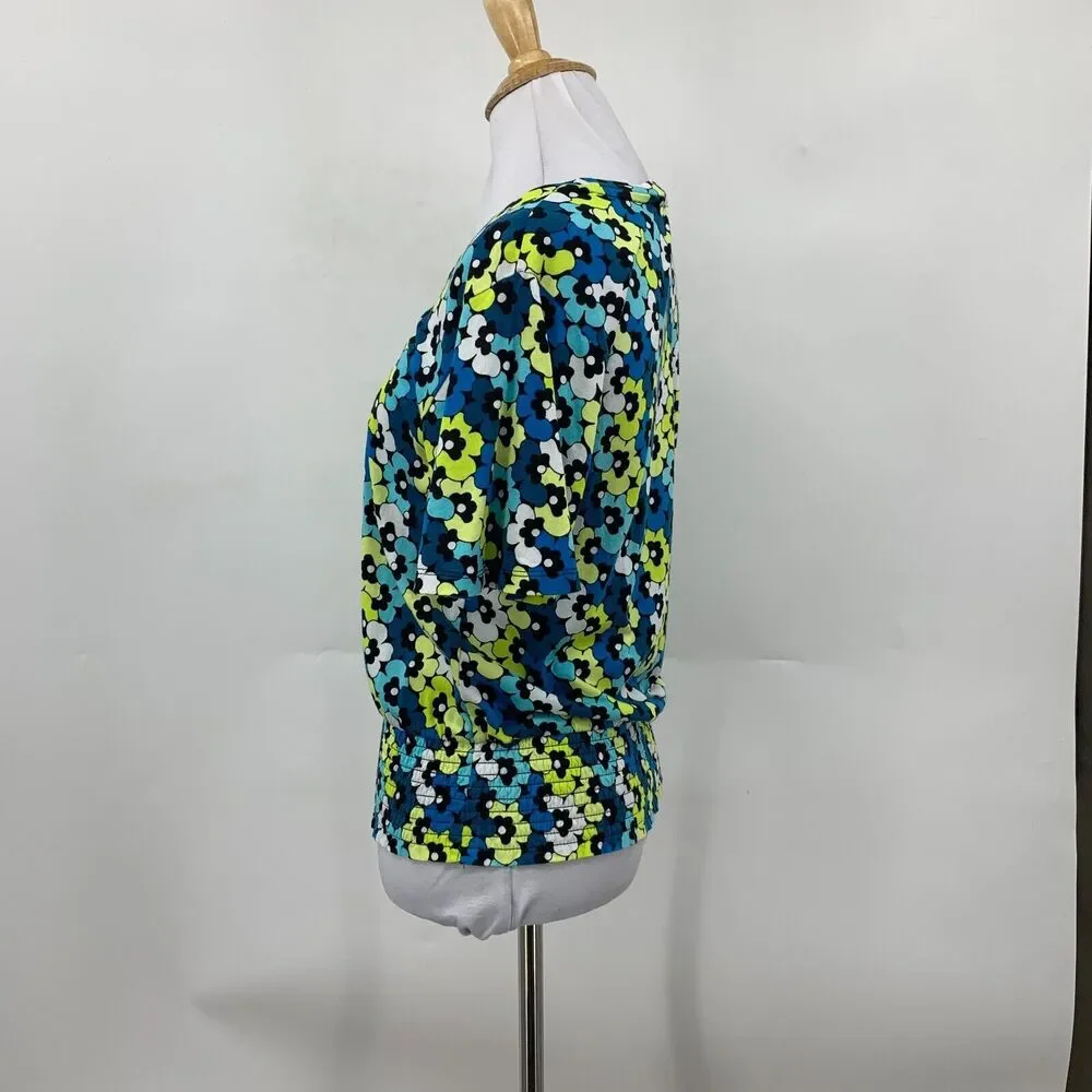 Michael Kors Blouse Womens XS Multi Floral Round Neck Smocked Hem Short Sleeve